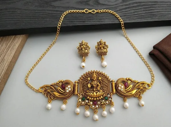Gold_Tone_Lakshmi_Necklace_And_Earring_Set_for_Women