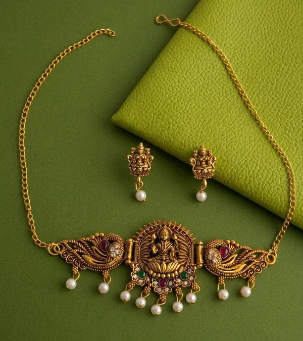 Gold_Tone_Lakshmi_Necklace_And_Earring_Set_for_Women