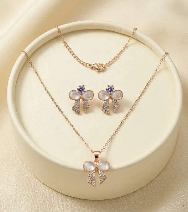 Rose_Gold_Bow_Pendant_Necklace_And_Earrings_Set_for_Women