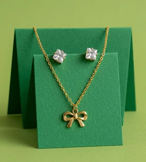 Gold_Tone_Bow_Necklace_And_Stud_Earrings_Set_For_Women