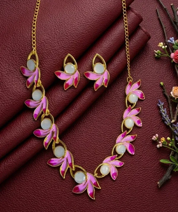 Gold_Tone_Pink_Floral_Necklace_Set_For_Women