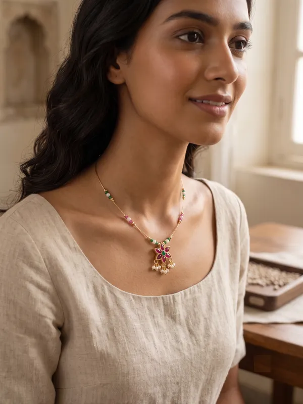 Gold_Tone_Pink_Green_Floral_Pendant_Necklace_for_Women