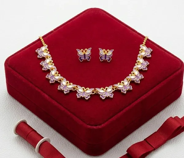 Gold-Tone_Purple_Butterfly_Necklace_And_Earrings_Set