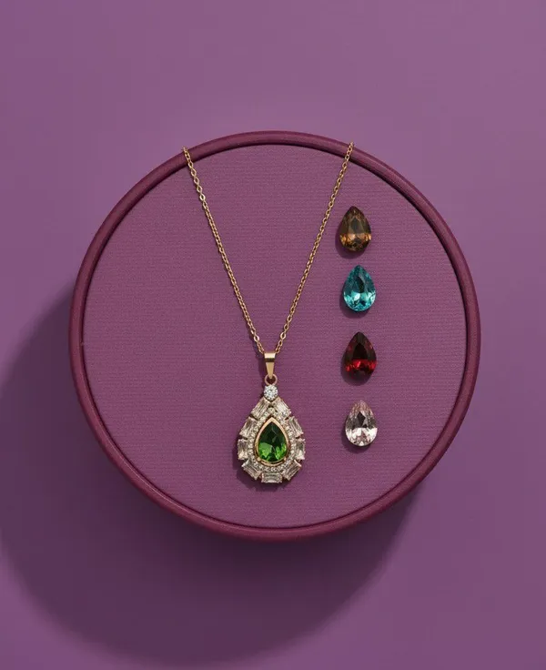 Gold_Tone_Interchangeable_Green_Stone_Pendant_Necklace_Set