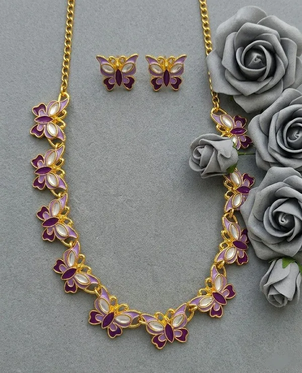 Gold-Tone_Purple_Butterfly_Necklace_And_Earrings_Set