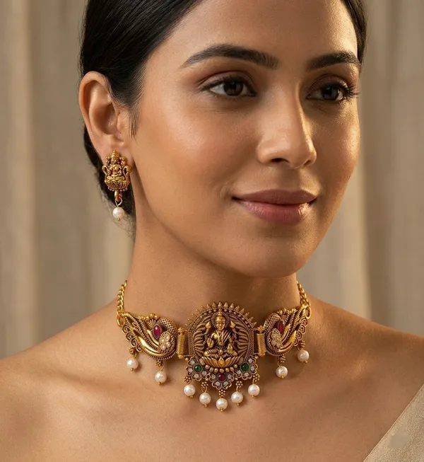 Gold_Tone_Lakshmi_Necklace_And_Earring_Set_for_Women