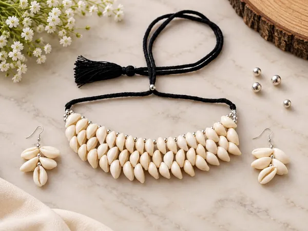 White_Shell_Statement_Necklace_And_Earrings_Set_For_Women