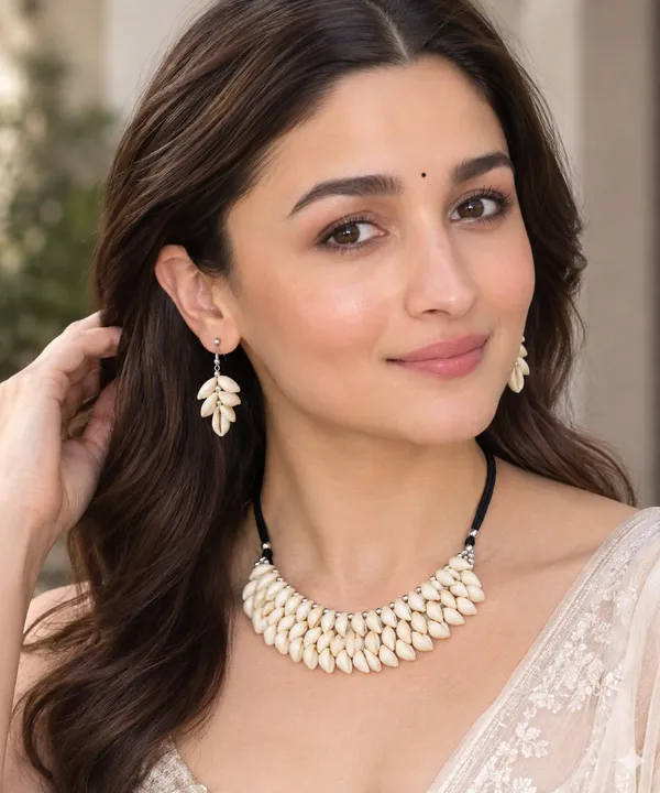 White_Shell_Statement_Necklace_And_Earrings_Set_For_Women