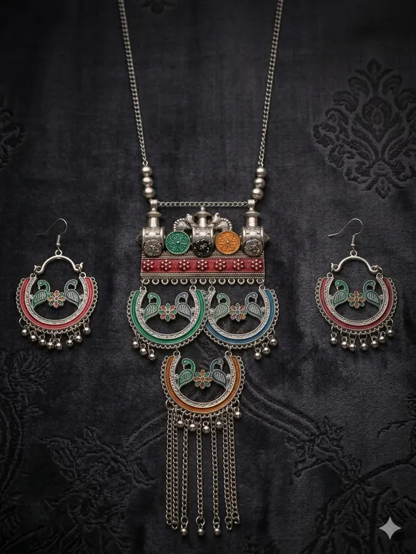 Multicolour_Oxidised_Stainless_Steel_Peacock_Necklace_Set_For_Women