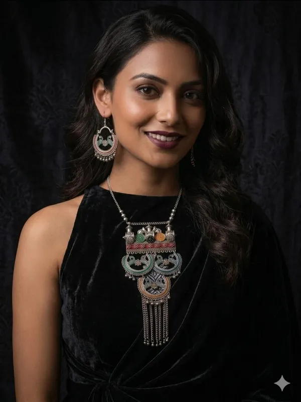 Multicolour_Oxidised_Stainless_Steel_Peacock_Necklace_Set_For_Women