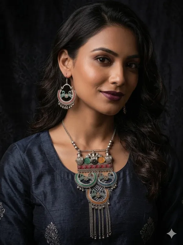 Multicolour_Oxidised_Stainless_Steel_Peacock_Necklace_Set_For_Women