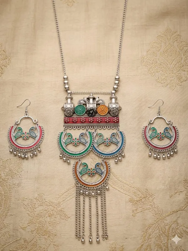 Multicolour_Oxidised_Stainless_Steel_Peacock_Necklace_Set_For_Women