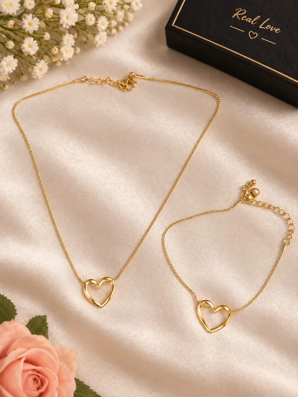 Gold_Stainless_Steel_Heart_Pendant_Necklace_Bracelet_Set_For_Women