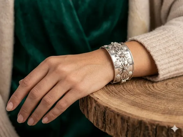 Silver_Stainless_Steel_Floral_Cuff_Bracelet_For_Women