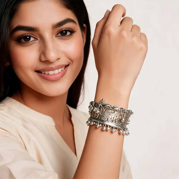 Silver_Stainless_Steel_Traditional_Embossed_Bracelet_For_Women