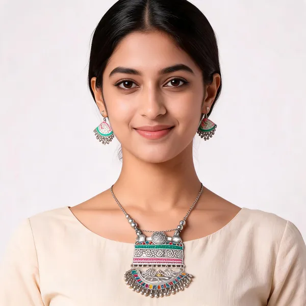 Silver_Oxidised_Stainless_Steel_Traditional_Pendant_Necklace_Set_For_Women