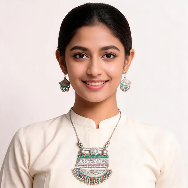 Silver_Oxidised_Stainless_Steel_Traditional_Pendant_Necklace_Set_For_Women