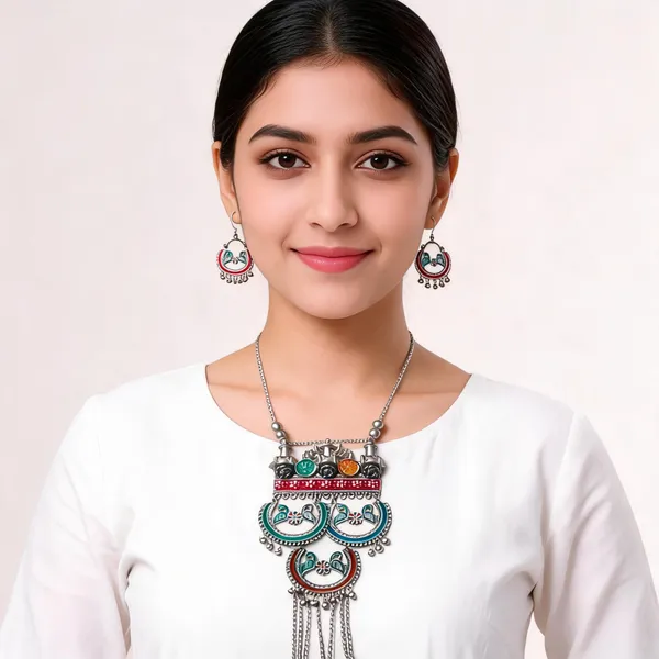 Multicolour_Oxidised_Stainless_Steel_Peacock_Necklace_Set_For_Women