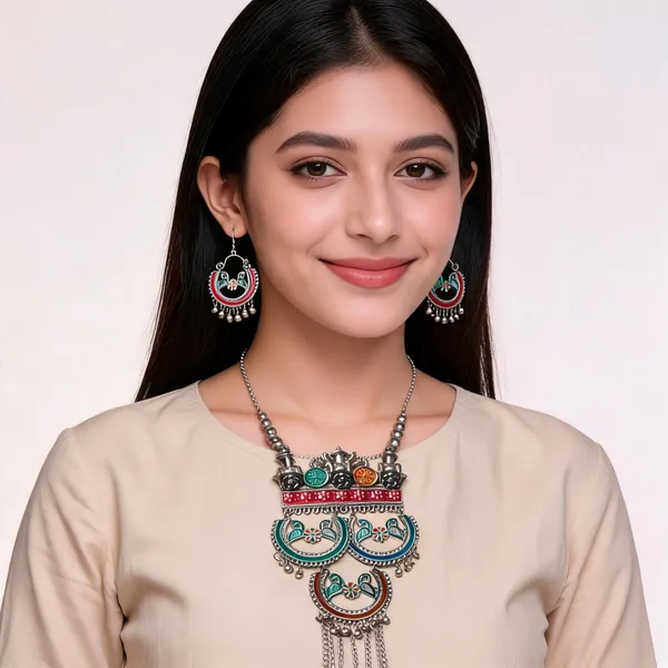 Multicolour_Oxidised_Stainless_Steel_Peacock_Necklace_Set_For_Women