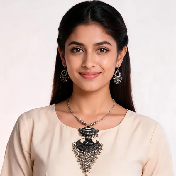 Silver_Oxidized_Statement_Necklace_And_Earrings_Set_For_Women