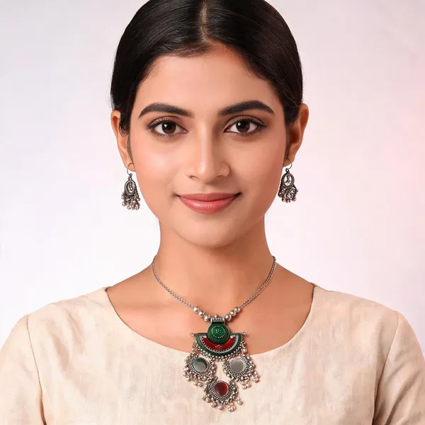 Silver_Oxidized_Layered_Necklace_And_Earrings_Set_For_Women