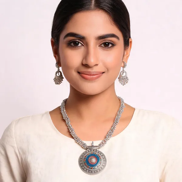 Silver_Tone_Traditional_Circular_Pendant_Necklace_And_Earrings_Set_For_Women