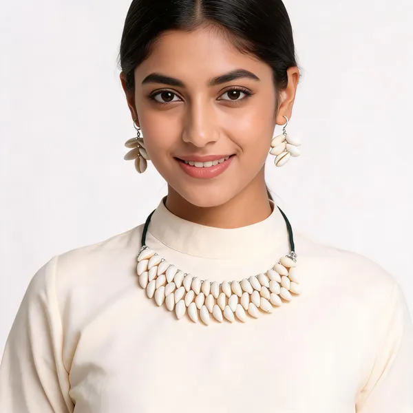 White_Shell_Statement_Necklace_And_Earrings_Set_For_Women