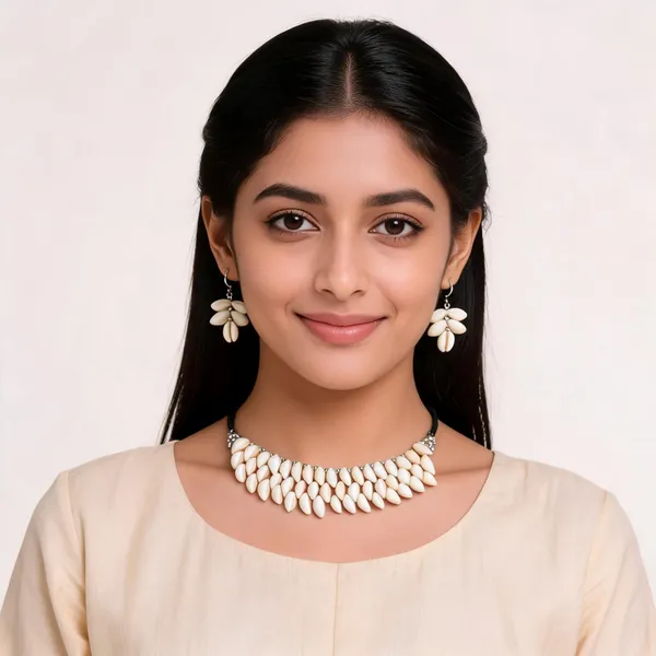 White_Shell_Statement_Necklace_And_Earrings_Set_For_Women
