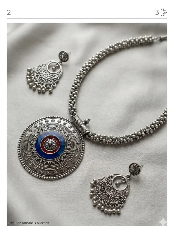 Silver_Tone_Traditional_Circular_Pendant_Necklace_And_Earrings_Set_For_Women