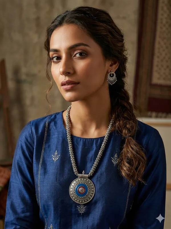 Silver_Tone_Traditional_Circular_Pendant_Necklace_And_Earrings_Set_For_Women