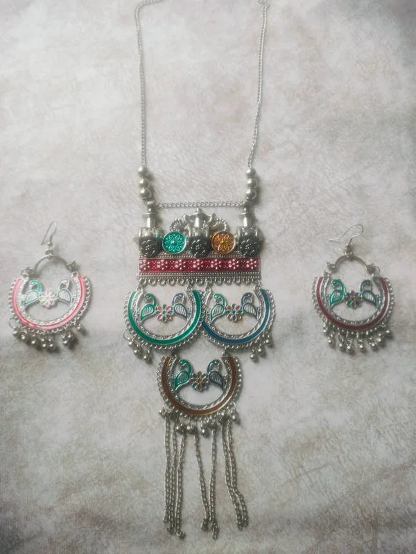 Multicolour_Oxidised_Stainless_Steel_Peacock_Necklace_Set_For_Women