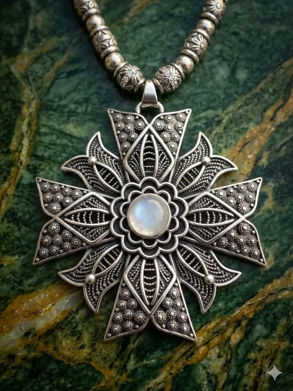 Silver_Stainless_Steel_Floral_Pendant_Cord_Necklace_For_Women