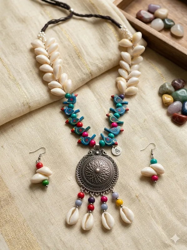Multicolour_Shell_Beaded_Cord_Necklace_Earrings_Set_For_Women