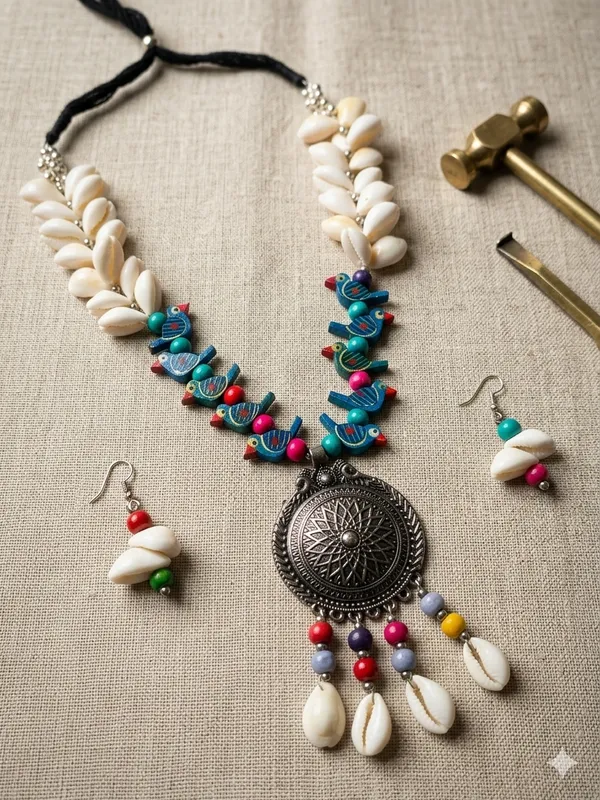 Multicolour_Shell_Beaded_Cord_Necklace_Earrings_Set_For_Women