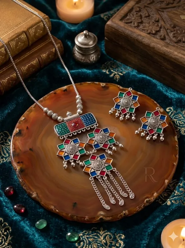 Multicolour_Stainless_Steel_Geometric_Pendant_Necklace_Earring_Set_For_Women