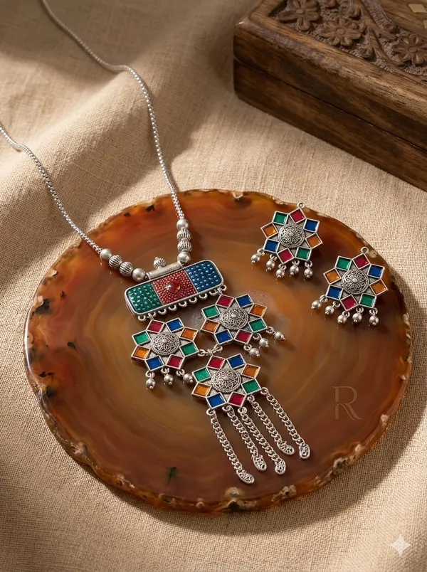 Multicolour_Stainless_Steel_Geometric_Pendant_Necklace_Earring_Set_For_Women