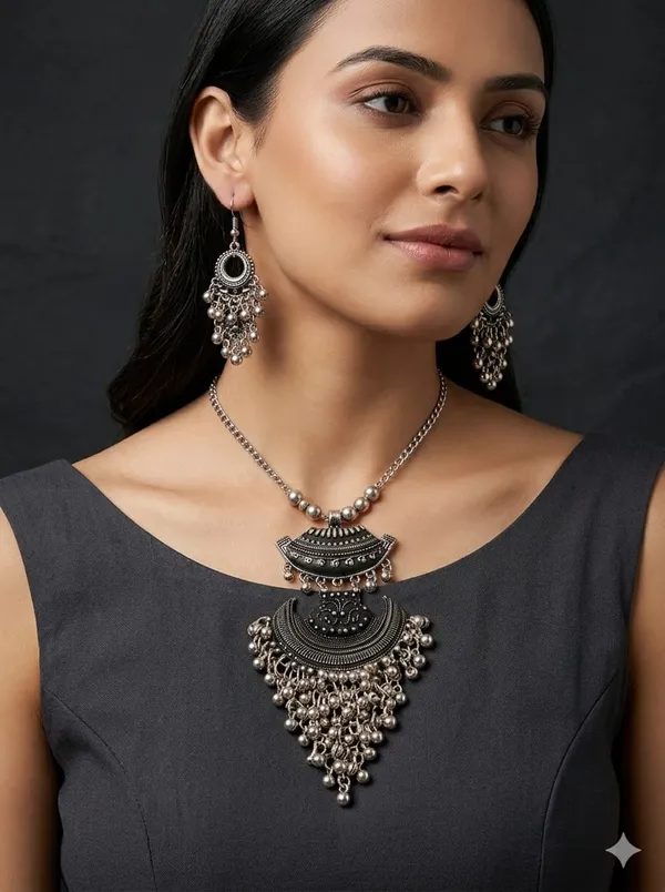 Silver_Oxidized_Statement_Necklace_And_Earrings_Set_For_Women