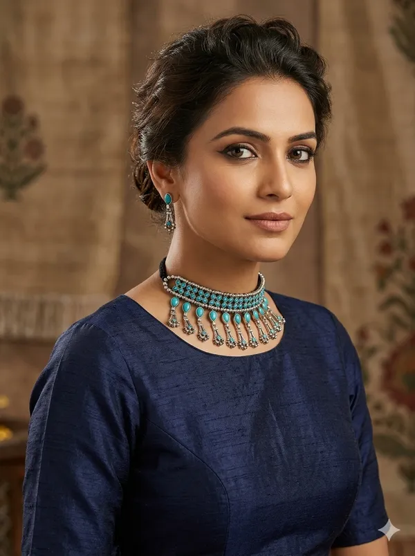 Gold_Tone_Turquoise_Corded_Charm_Necklace_Set_For_Women