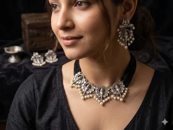 Silver_Oxidised_Stainless_Steel_Necklace_and_Earring_Set_For_Women
