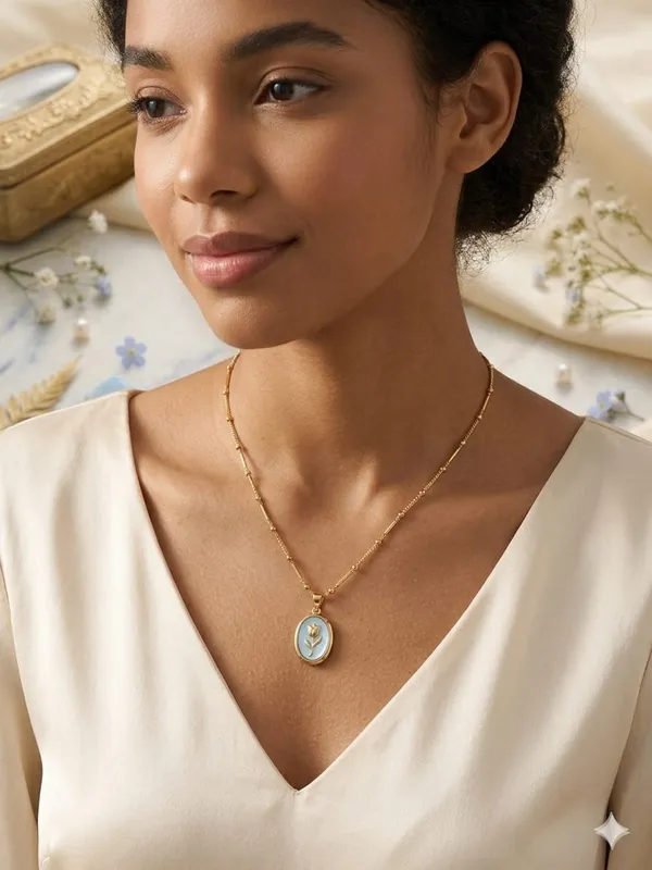 Gold_Tone_Floral_Oval_Pendant_Necklace_For_Women
