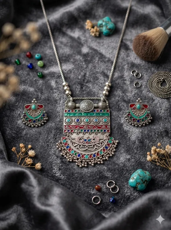 Silver_Oxidised_Stainless_Steel_Traditional_Pendant_Necklace_Set_For_Women