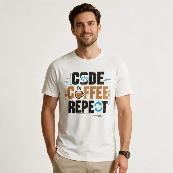White_Code_Coffee_Repeat_Crew_Neck_T_Shirt