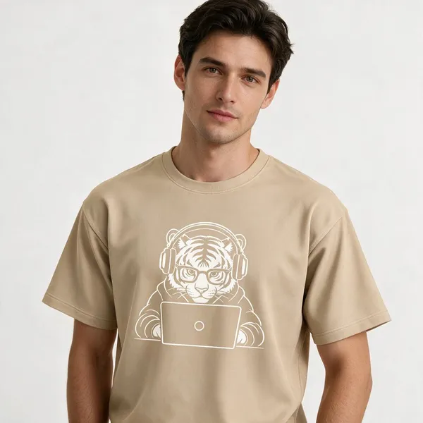 Beige_Techie_Tiger_Crew_Neck_T_Shirt