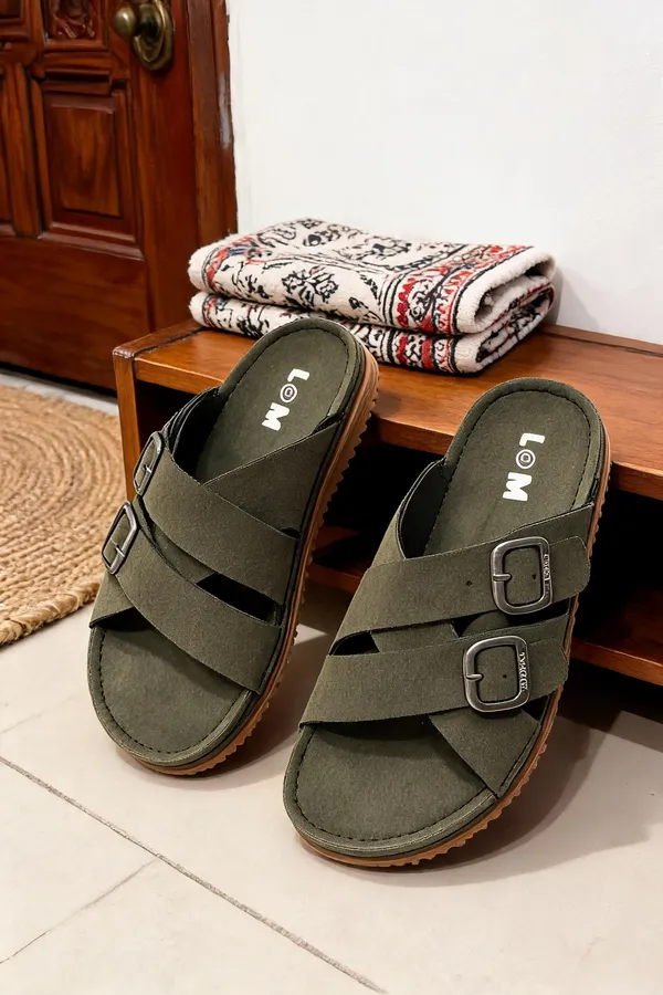 Cross_Strap_Slide_Sandals_Olive_With_Buckle