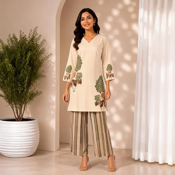 Cream_Premium_Rayon_2_Pec_Kurti_Set_For_Women