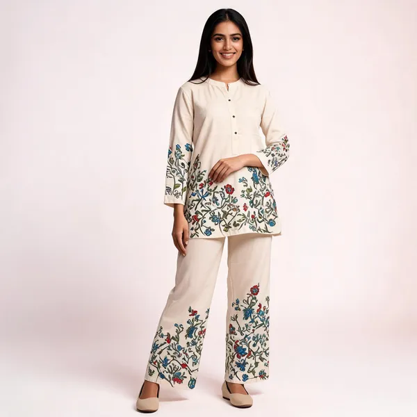 Off-White_With_Multicolour_Print_Khadi_Co-Ord_Set_For_Women