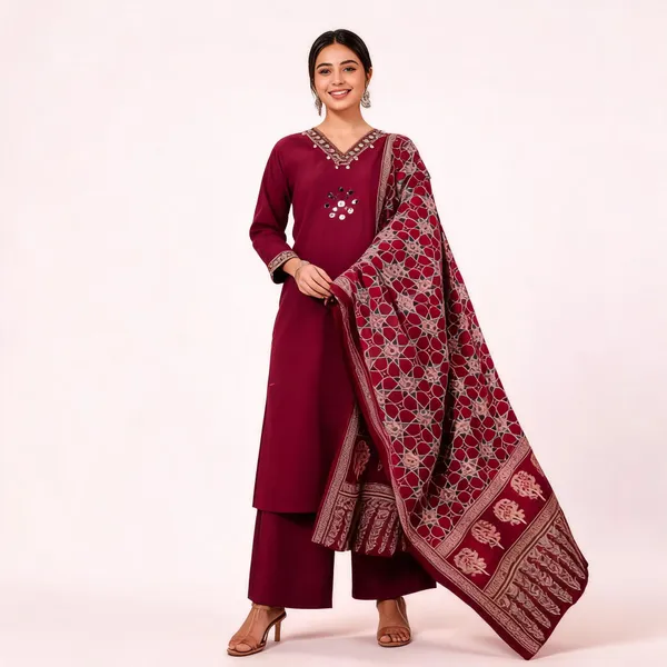 Maroon_Cotton_With_Azrak_Print_3_Pec-Kurti_Set_For_Women