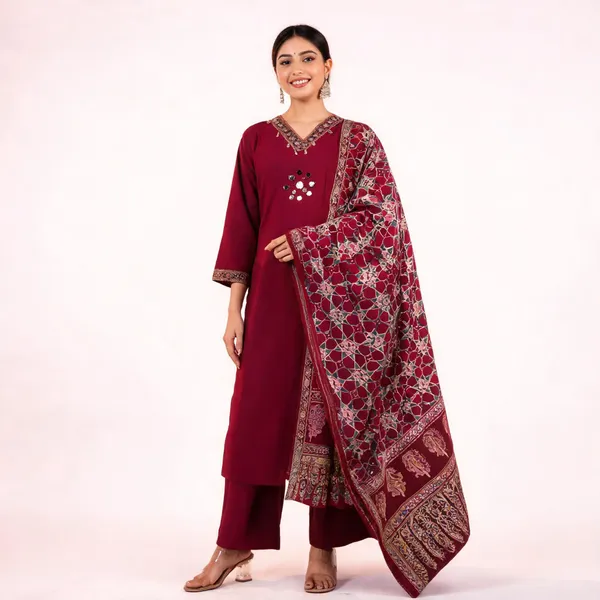 Maroon_Cotton_With_Azrak_Print_3_Pec-Kurti_Set_For_Women