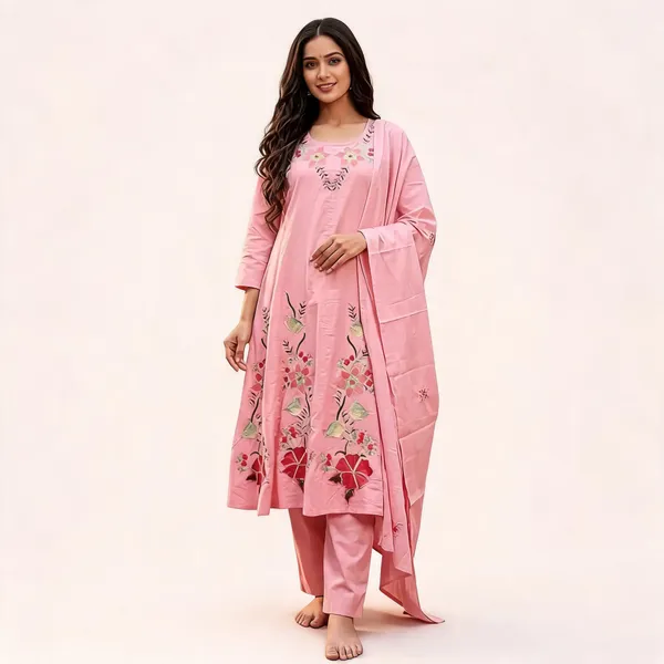 Pink_Premium_Cotton_With_Embroidery_3_Pec-Kurti_Set_For_Women