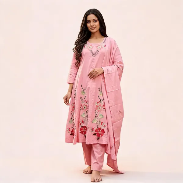 Pink_Premium_Cotton_With_Embroidery_3_Pec-Kurti_Set_For_Women